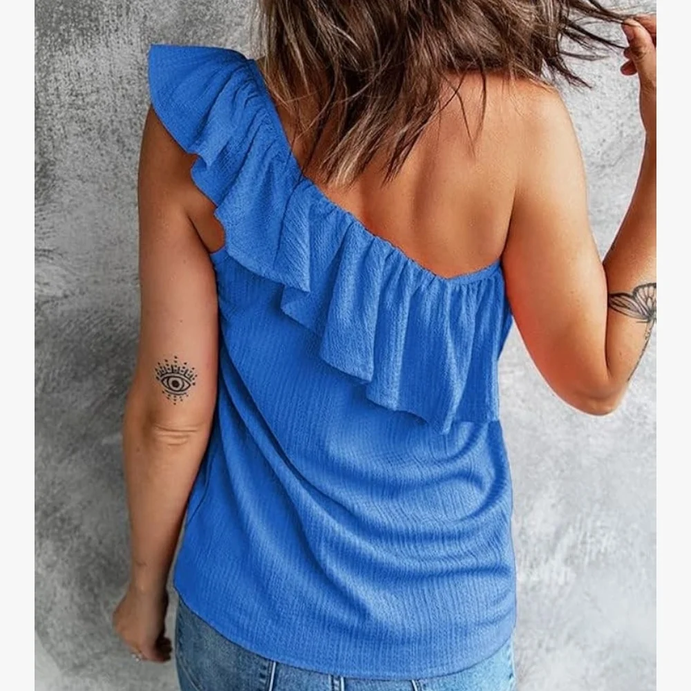 Stylish Blue Ruffle One-Shoulder Blouse - Picture 2 of 2